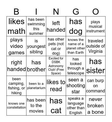DSBK Getting to Know you Bingo Card