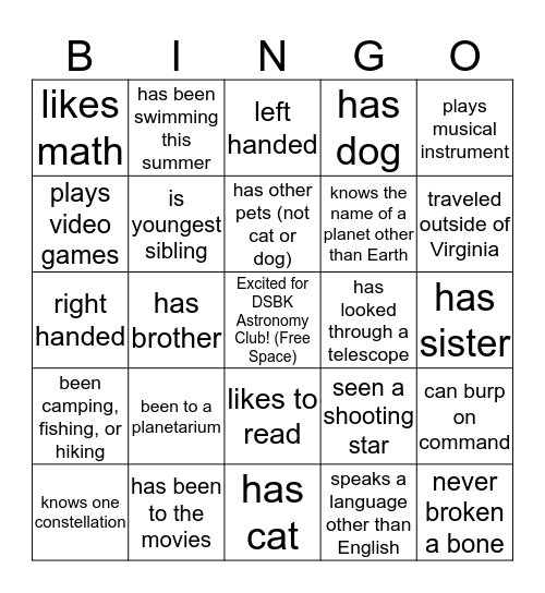 DSBK Getting to Know you Bingo Card