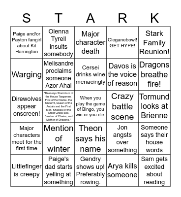 Game of Thrones Season 7 Bingo Card