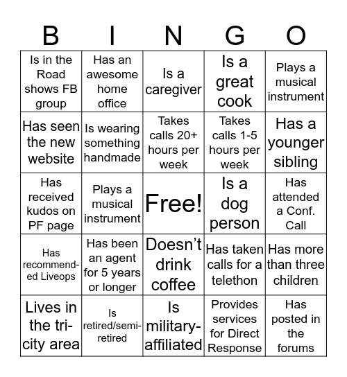 Liveops Bingo Card