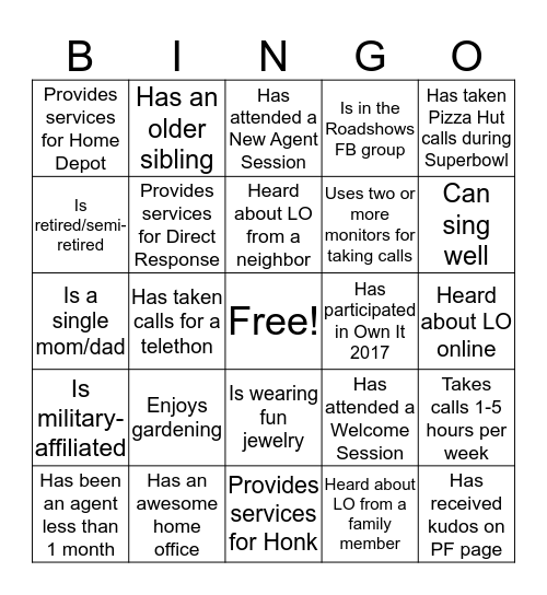 Liveops Bingo Card