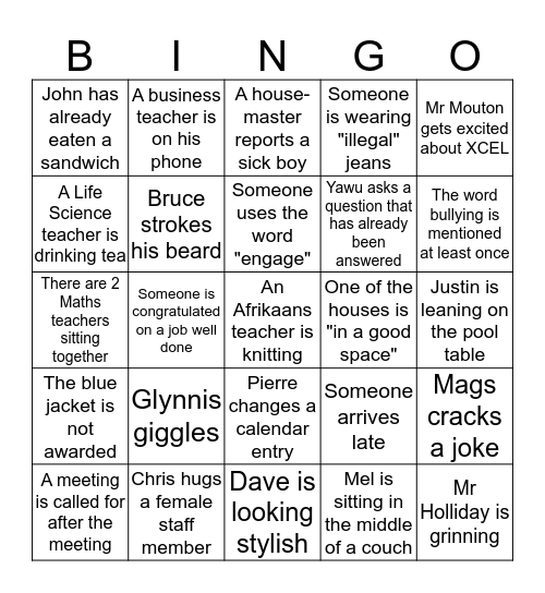 Staff Meeting Bingo Card