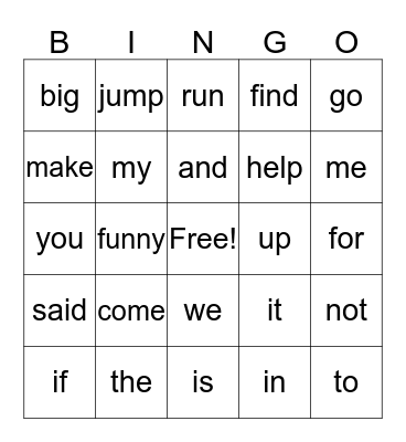 Sight Word Bingo Card