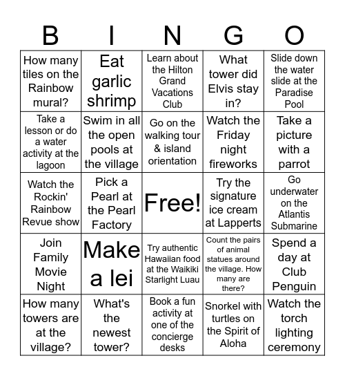 Hilton Hawaiian Village Bingo Card