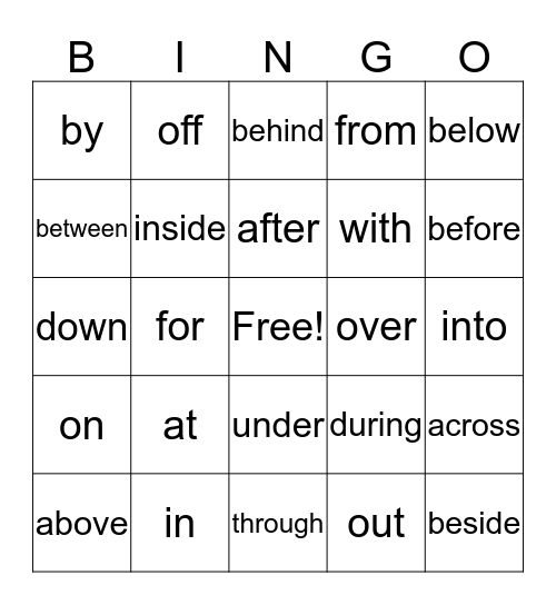 Preposition Bingo grade 3 Bingo Card