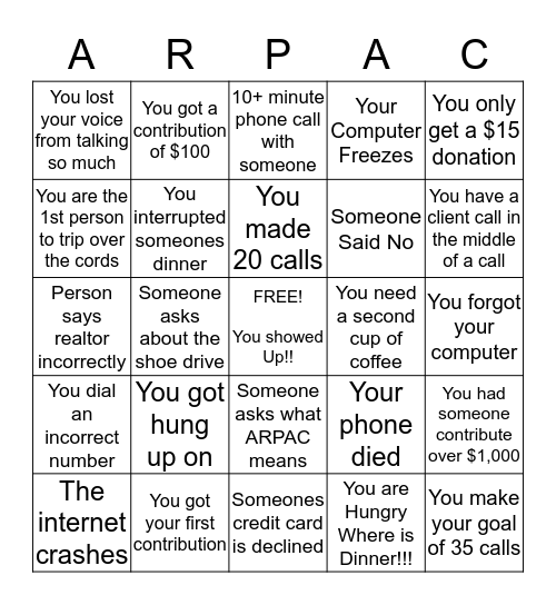 ARPAC Phone Bank Bingo Card