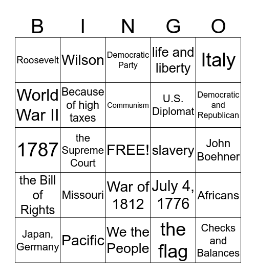 Bingo:  July 26, 2013 Bingo Card