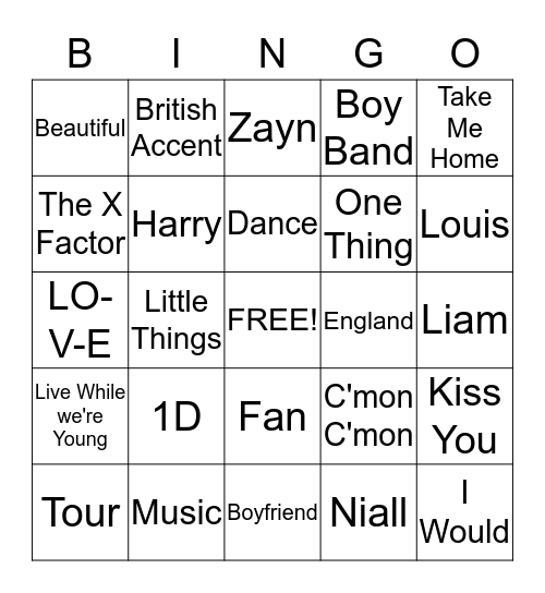 One Direction Bingo Card