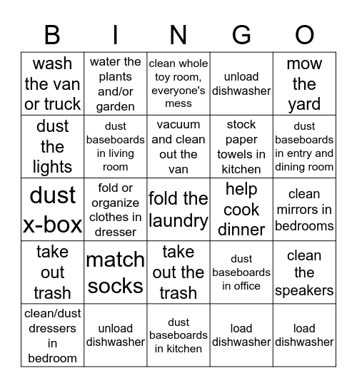 Chores Bingo Card