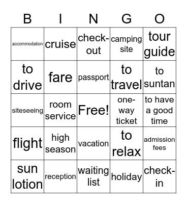 Tourism Vocabulary Bingo Card