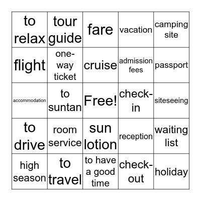 Tourism Vocabulary Bingo Card