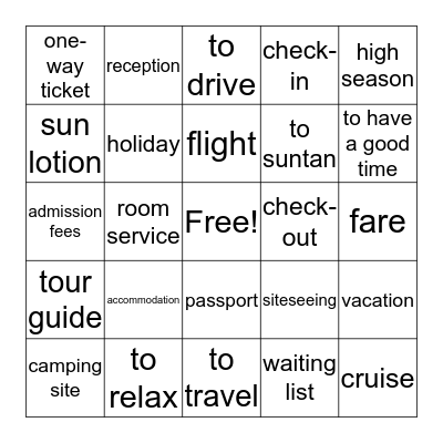 Tourism Vocabulary Bingo Card