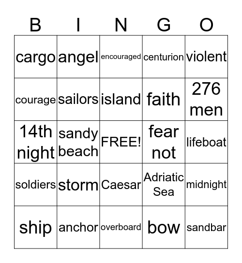 Paul in the storm and shipwreck Acts 27:13-44 Bingo Card