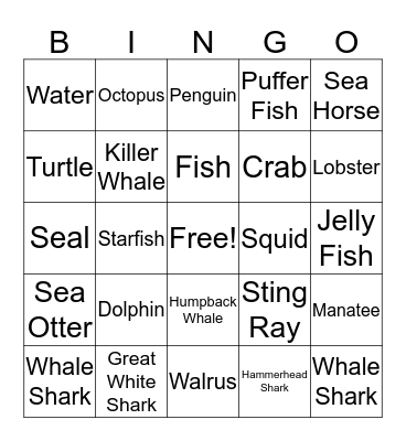 Sea Animals Bingo Card