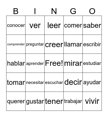 Spanish Verbs Bingo Card