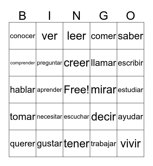 Spanish Verbs Bingo Card