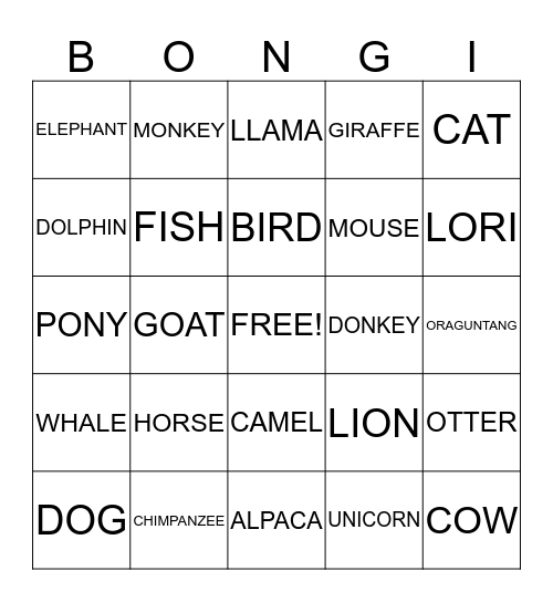 SPIRIT ANIMAL Bingo Card