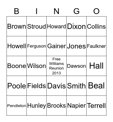 Williams Family reunion Bingo Card