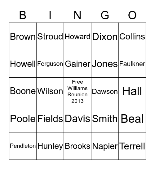 Williams Family reunion Bingo Card