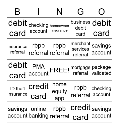 Personal Banker Bingo Card