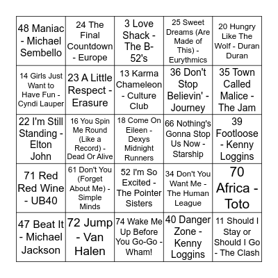 Jukebox Bingo - 80s Round Bingo Card