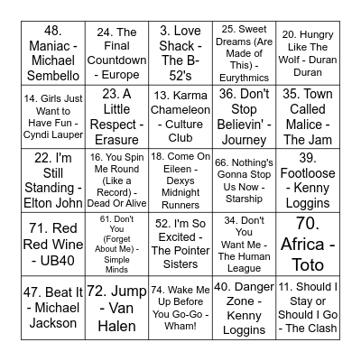 Jukebox Bingo - 80s Round Bingo Card