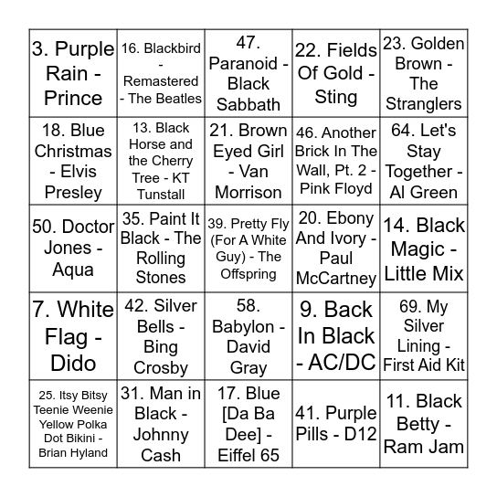 Jukebox Bingo - Colour Round Bingo Card