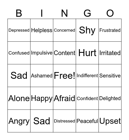 Feelings Bingo Card