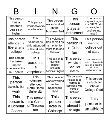 IO Volunteer and Scholar Bingo Card