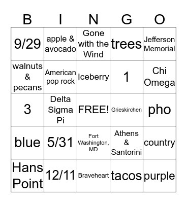 Theresa's Bridal Party 2013 Bingo Card