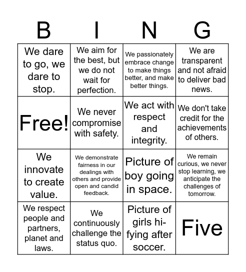 Recticel Core Values  Bingo Card