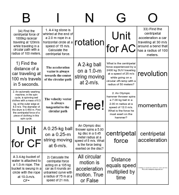 CIRCULAR MOTION Bingo Card