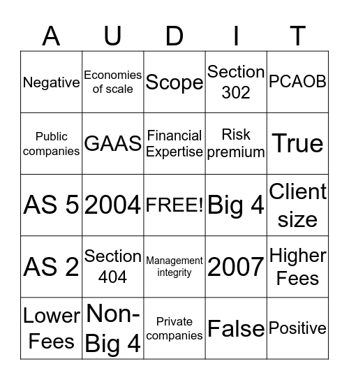 Audit Fee Factors Bingo Card