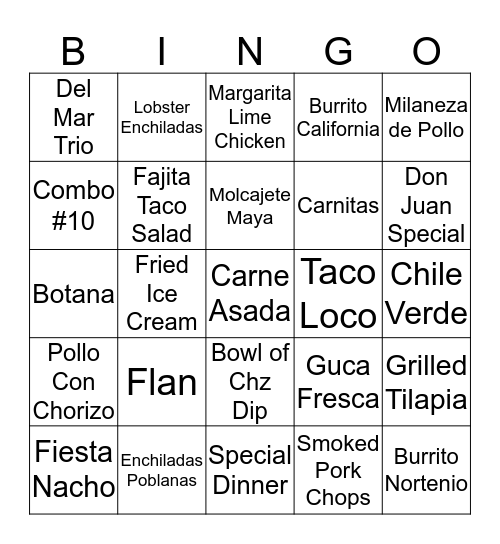 Restaurant Bingo Card