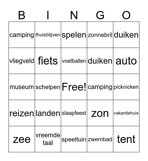 vakantie Bingo Card