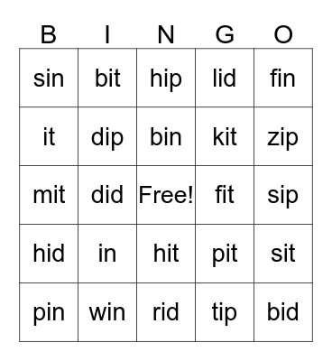 Short i word families Bingo Card