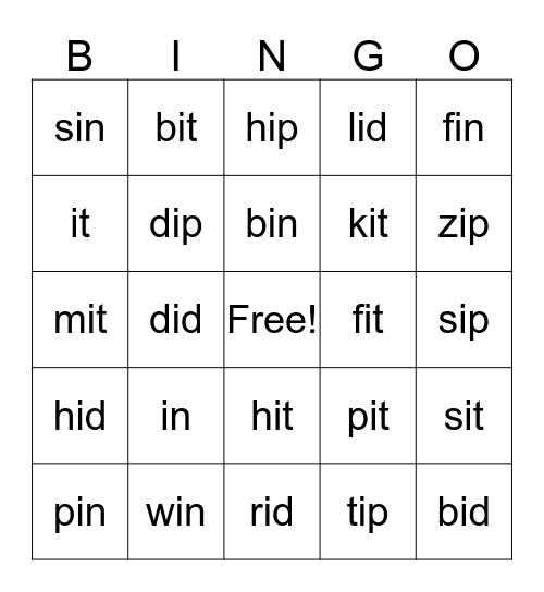 Short i word families Bingo Card