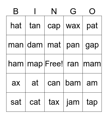 short a word families Bingo Card