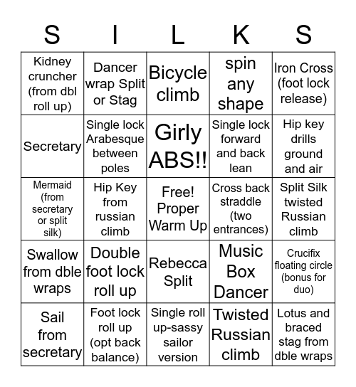 Silks Bingo Card