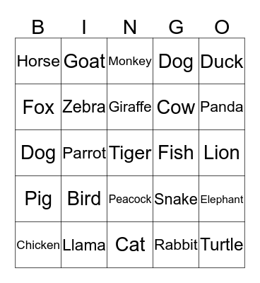 Animals Bingo Card