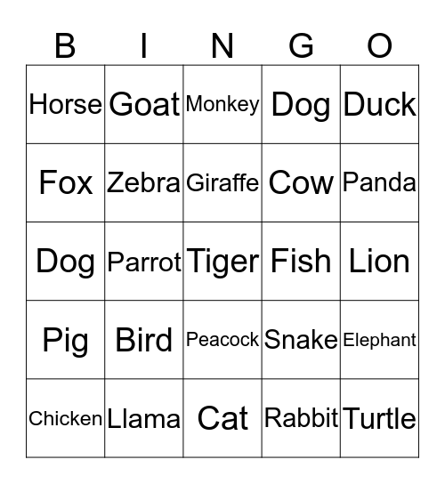 Animals Bingo Card