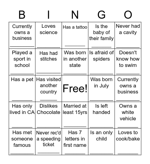 Icebreaker Bingo Card