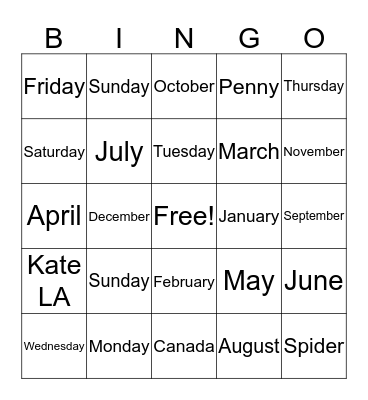 Days of the Week and Months of the Year Bingo Card