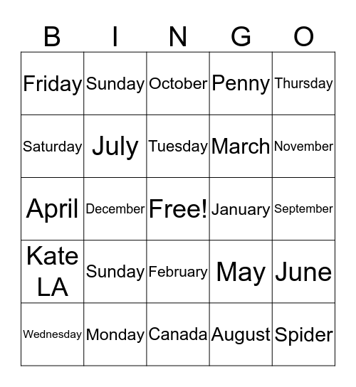 Days of the Week and Months of the Year Bingo Card