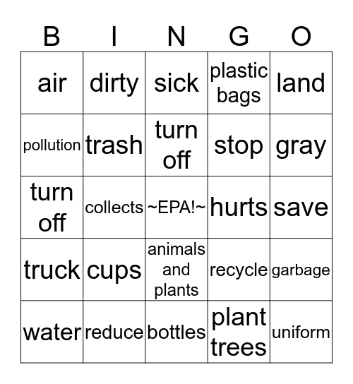 Pollution Bingo Card