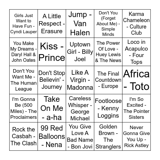 Jukebox Bingo 80's  Bingo Card