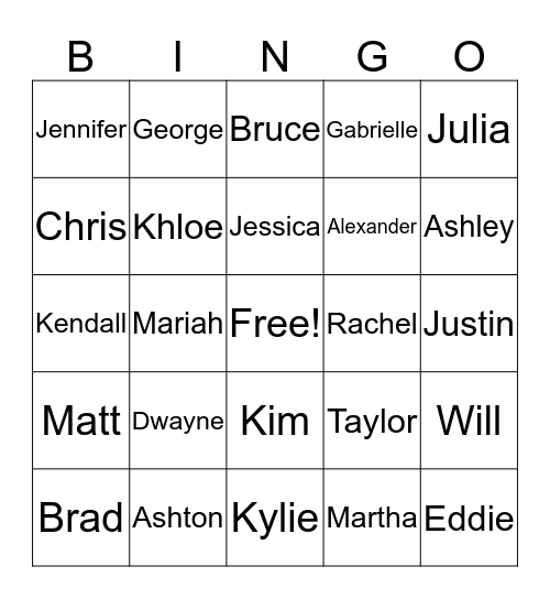 Customer's Celebrity Names Bingo Card