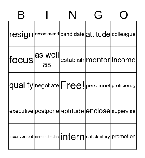 English for the Workplace Bingo Card