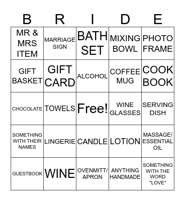 Bridal Shower Presents Bingo! Bingo Card