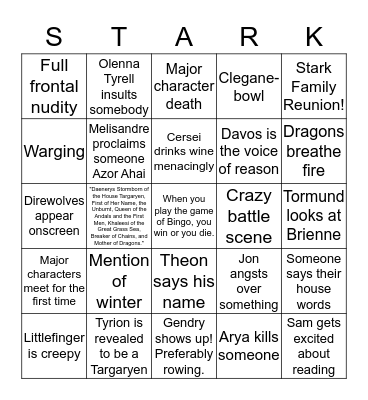 Game of Thrones Season 7 Bingo Card